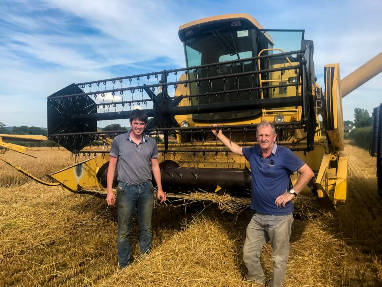 Look back Harvesting barley on a farm converting to direct drilling in