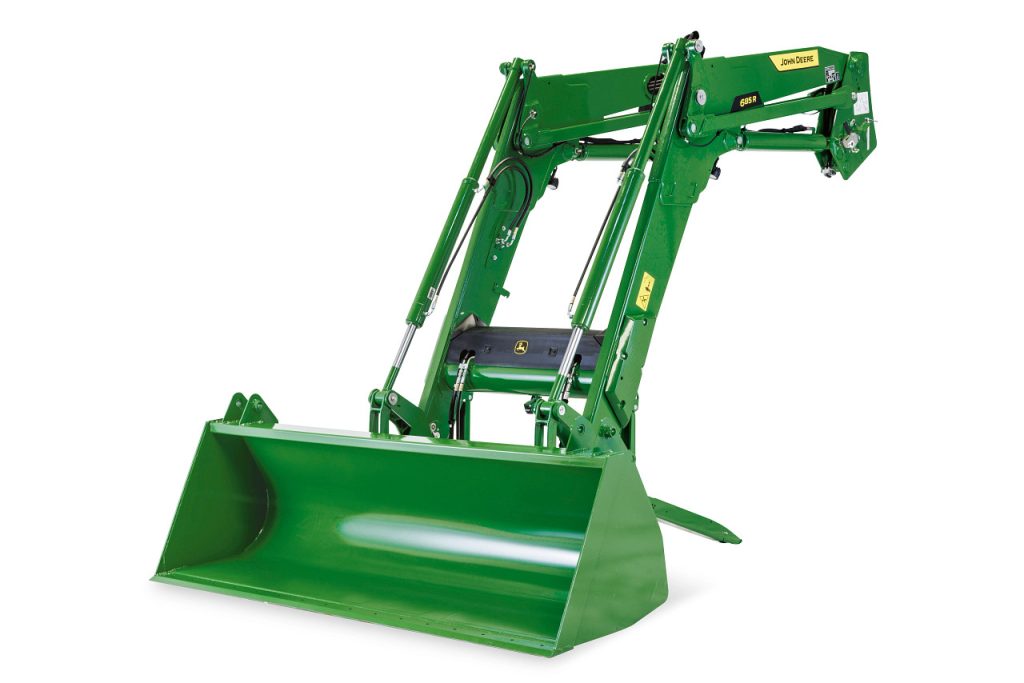 The new John Deere 685R front loader by itself with a bucket attached